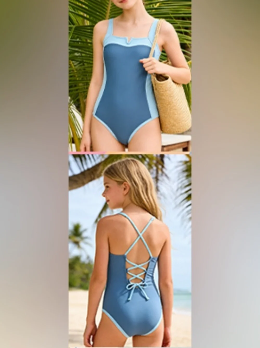 NWT-15-16 Girl Grey-Blue Adjustable Strap Color Block Padded Pool Beach Swimwear